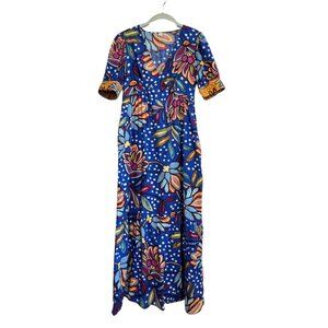 Tabitha Brown Blue Maxi Dress Boho Tropical Flowers Flounce Bottom Limited Ed